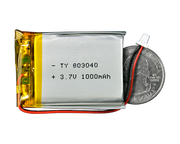 Lithium Ion Polymer Battery 3.7V 1000mAh quarter size comparison