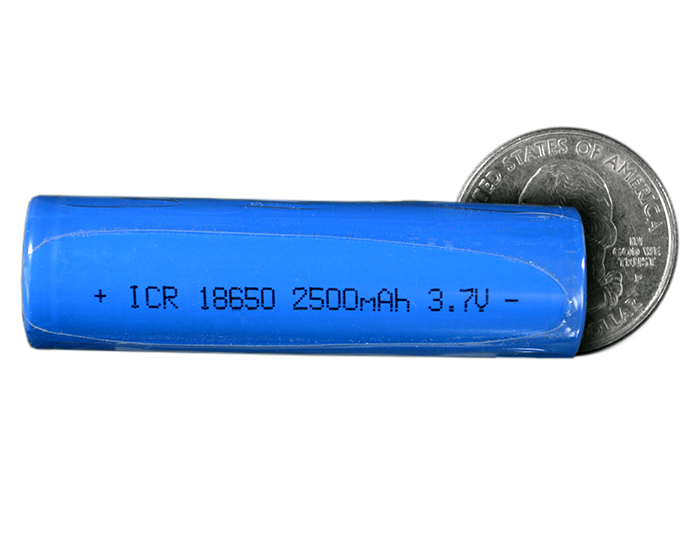 18650 Lithium Ion Polymer Battery - 3.7V 2500mAh - Quarter Size Comparison