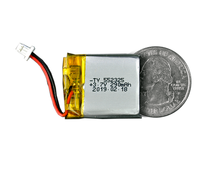 Lithium Ion Polymer Battery - 3.7V 290mAh quarter size comparison