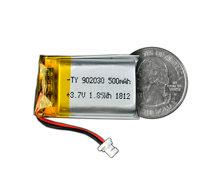 Lithium Ion Polymer Battery - 3.7V 500mAh quarter size comparison