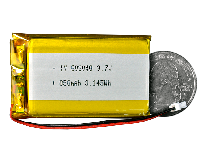 Lithium Ion Polymer Battery - 3.7V 850mAh quarter size comparison