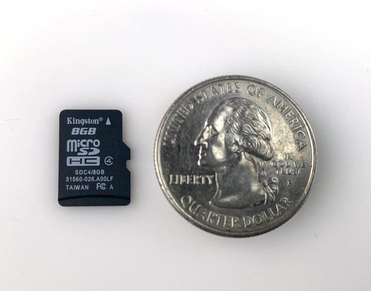 MicroSD Card and Adapter 8GB quarter size comparison